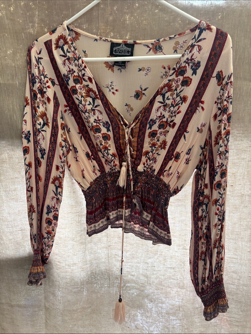 Angie Cream Floral Boho Lace-Up Peasant Blouse